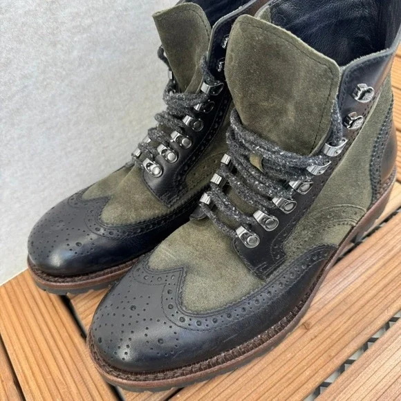 Frye George Adirondack Mens 8.5 Suede Leather Wingtip Lace Up Boots Olive Black - Picture 5 of 16